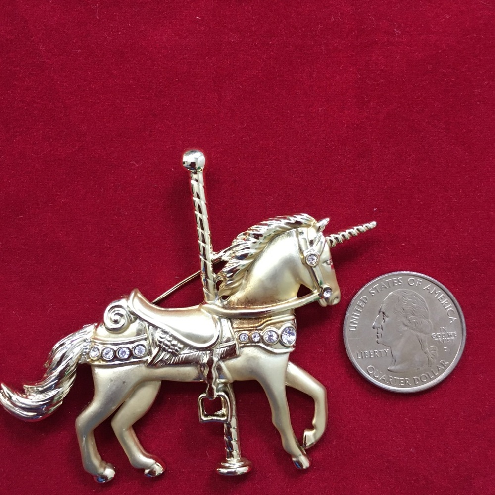 Vintage Gold tone Carousel Unicorn Brooch with Rhinestones